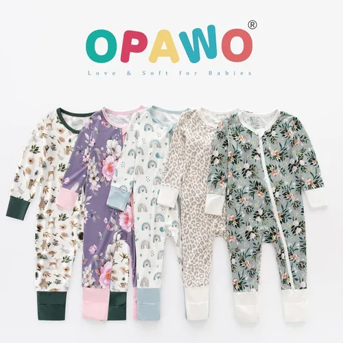 Vista 6 de OPAWO Pijama de viscosa de bambú para niña, paquete de 2 mitones, cierre de 2 vías, suave sin pies, mameluco de una pieza