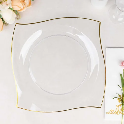 Vista 12 de Efavormart - Paquete de 10 platos cuadrados de postre de plástico con borde ondulado blanco y dorado de 8 pulgadas, elegante vajilla desechable