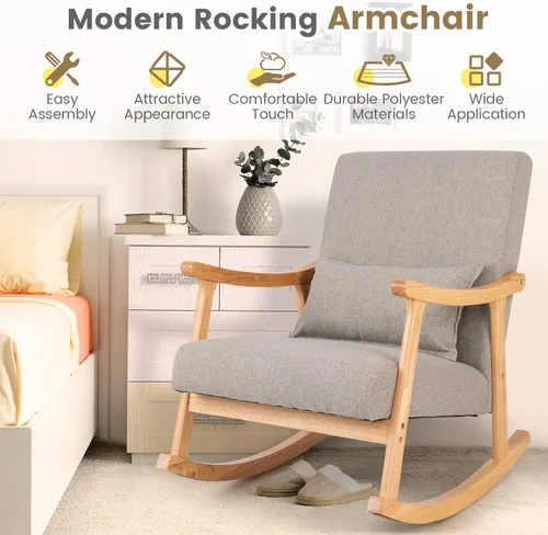 Vista 8 de Giantex Mecedora tapizada – Moderna mecedora con marco de madera de goma, cómodo respaldo y asiento, almohada acolchada de polipropileno, mecedora