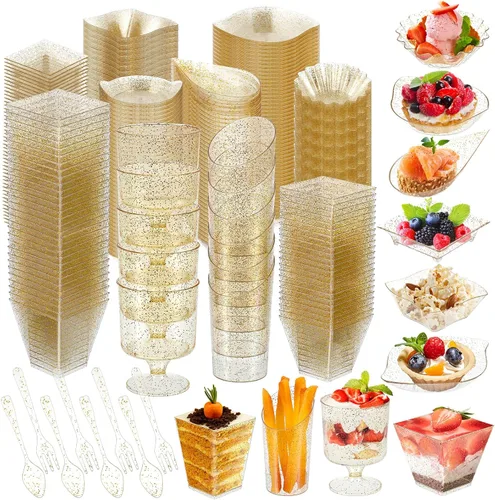 Vista 8 de Tessco for you Juego de 1600 mini platos de aperitivo, tazas de postre, tazas de plástico para parfait de formas variadas con cucharas desechables