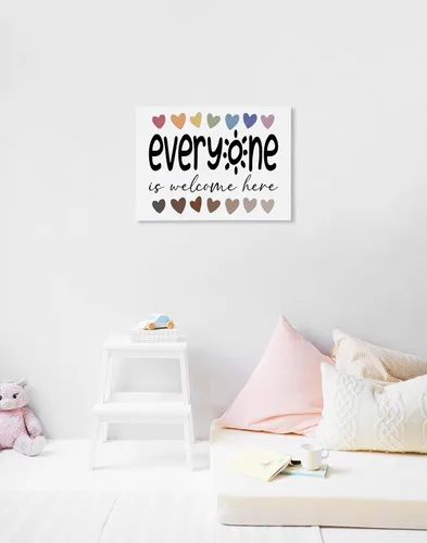 Vista 6 de Lienzo inspirador de diversidad con texto en inglés «Everyone is Welcome Here», impresiones artísticas para decoración de aula, guardería, sala