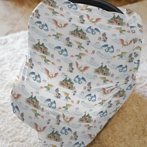Vista 2 de Funda de asiento de coche de dragón y caballeros de cuento de hadas para bebés, dragones de fantasía, castillo de princesa, funda elástica 5 en 1