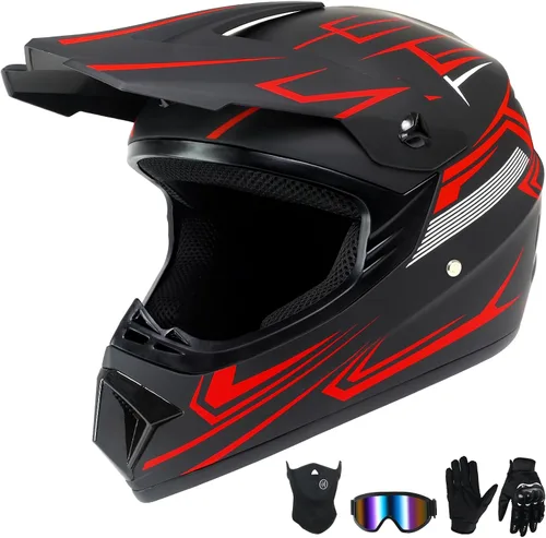 Vista 10 de Casco de motocross para niños jóvenes, casco de motocicleta todoterreno con (gafas, guantes, máscara), juego de 4 piezas, casco de cara completa