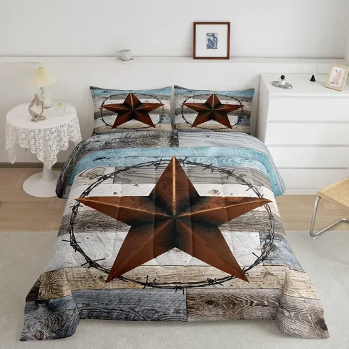 Vista 40 de Juego de edredón de calavera de vaca para niños, tamaño individual, juego de ropa de cama de herraduras de vaquero occidental, Texas Star