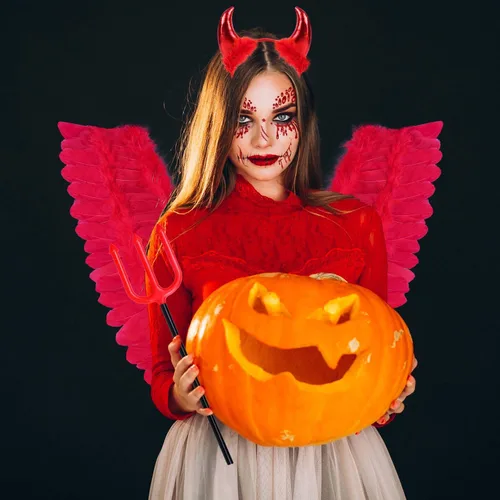 Vista 6 de MOVINPE Red Devil - Juego de accesorios para disfraz de Halloween, alas de plumas infernales, cuernos de diablo, diadema de tridente, gemas