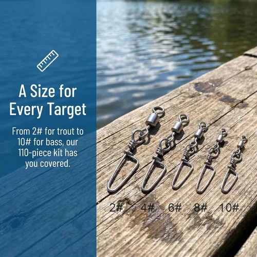 Vista 7 de 110 piezas de acero inoxidable barril giratorio accesorios de pesca, equipo de pesca premium con rodamiento de bolas, conector giratorio de broches