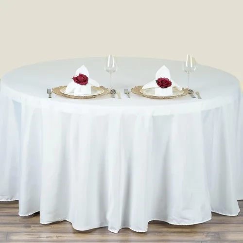 Vista 2 de TABLECLOTHSFACTORY Mantel redondo blanco de 70 pulgadas, mantel de poliéster, resistente a las manchas y a las arrugas, lavable, para bodas