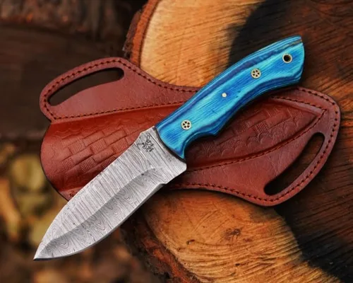 Vista 12 de Cuchillo de caza de acero de Damasco de hoja fija con funda de cuero de 9 pulgadas, cuchillo de caza de espiga completa, mango de madera