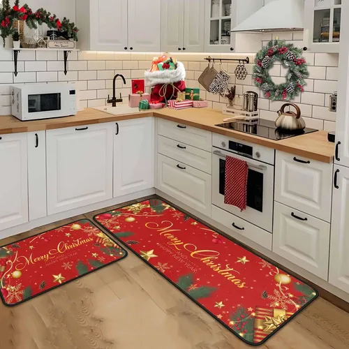 Vista 7 de Juego de 2 alfombras y tapetes de cocina navideños, decoraciones navideñas para el hogar con respaldo antideslizante, alfombra de cocina