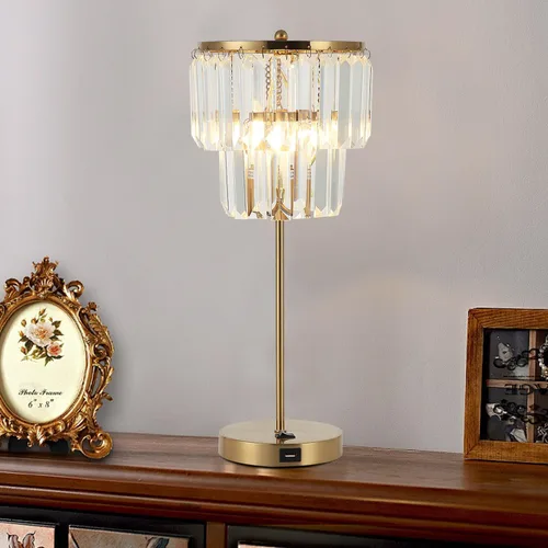 Vista 5 de Lámpara de noche para dormitorio, lámpara de mesa de cristal dorado de 18 pulgadas, gotas de cristal transparente Tiffany, puerto de carga USB