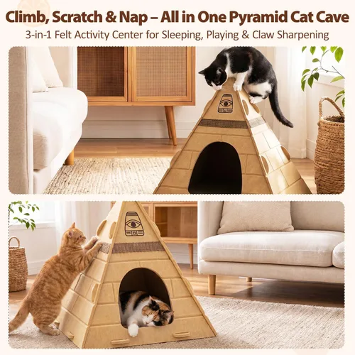 Vista 5 de Cueva para gatos, diseño piramidal de fieltro para gatos de interior Scratch-Resistant & Foldable Cat House, Calming Sleeping Hideaway, Pharaoh