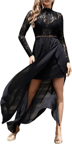 Vista 3 de SweatyRocks Vestidos largos de cóctel de manga larga con encaje transparente sexy para mujer