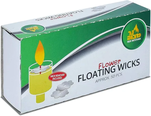 Vista 4 de Ner Mitzvah Mechas flotantes en forma de flor, 50 unidades (aproximadamente), mechas de algodón y soportes de disco de corcho para tazas de aceite