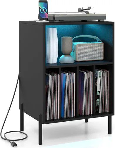 Vista 14 de Giantex - Soporte para tocadiscos con estación de carga, mesa para tocadiscos con gabinete de almacenamiento, estante para tocadiscos con patas