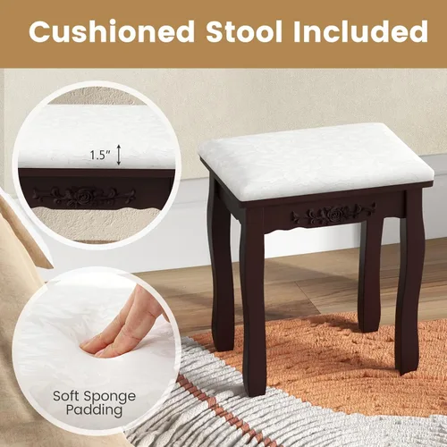 Vista 5 de Byroce - Juego de tocador con taburete acolchado, mesa de maquillaje con espejo ovalado iluminado giratorio de 360°, 3 cajones, 10 luces LED