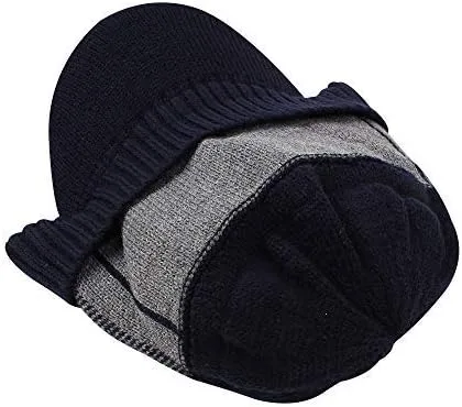 Vista 2 de XIAOHAWANG Gorro de invierno para hombre con visera de cable de punto con forro polar de retazos a rayas con ala para deportes al aire libre