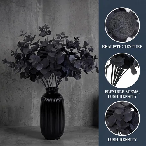Vista 3 de GREENTIME Paquete de 2 tallos de eucalipto negro con 20 ramas de 18.5 pulgadas, ramo de flores artificiales para jarrón, decoración de mesa de boda