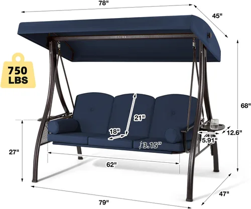 Vista 2 de HOMREST Columpio para porche al aire libre para 3 personas con portavasos mejorado de 1.5 pulgadas, toldo ajustable, respaldo, cama columpio