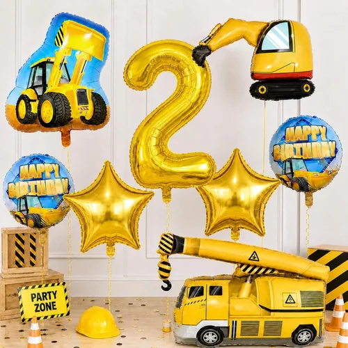 Vista 9 de Globos de construcción para el primer cumpleaños, 9 globos dorados de 40 pulgadas con el número 1 para excavadora grande, camión volquete, grúa
