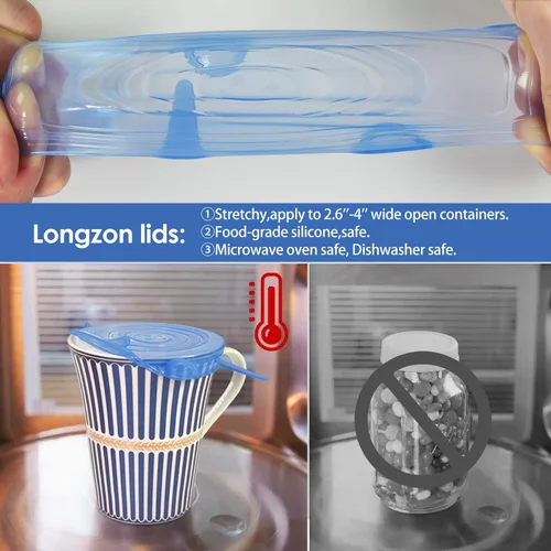 Vista 5 de Longzon Tapas elásticas de silicona, paquete de 12 fundas pequeñas, reutilizables y duraderas para almacenamiento de alimentos, para tazas, tazones