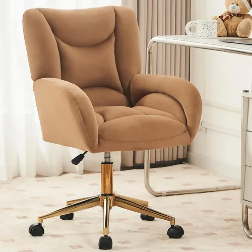 Vista 12 de Silla de escritorio de terciopelo suave cómoda con patas y ruedas de metal dorado, silla de oficina cómoda giratoria de 360 grados con altura Verde