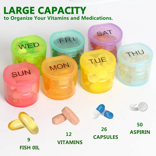 Vista 6 de NatureTouch Organizador semanal de píldoras, organizador de medicamentos sin BPA, arco iris, 7 días, pastillero portátil diario para pastillas