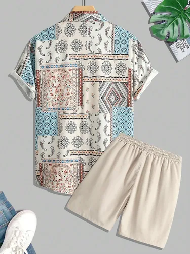 Vista 2 de COZYEASE Conjunto de 2 piezas de camisa y pantalones cortos de manga corta con botones y estampado floral para hombre