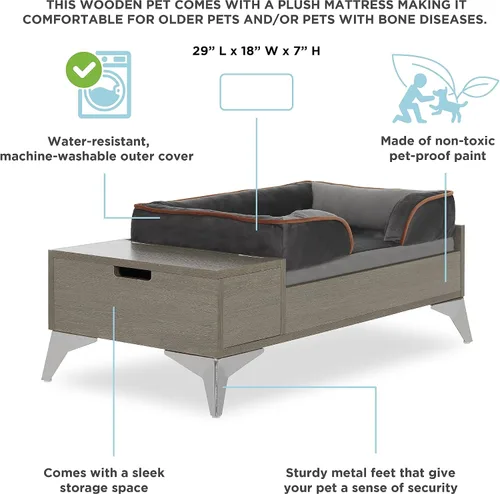 Vista 4 de Cama de madera para perros con colchón, elevada de pequeña a media, resistente al agua, cama para mascotas de madera con almacenamiento, certificado