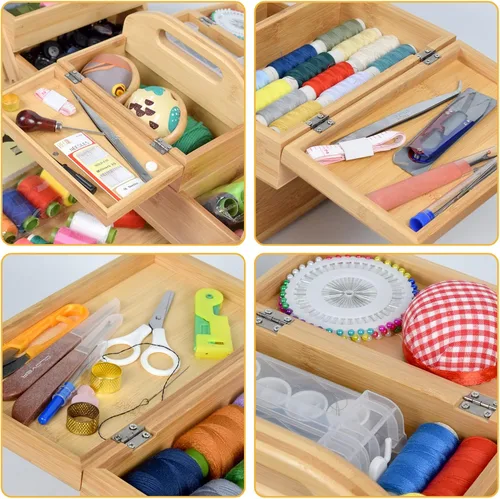 Vista 4 de Caja Organizadora de Costura de Madera para Suministros de Costura, Caja de Almacenamiento para Pasatiempos de Costura y Manualidades, 3 Niveles