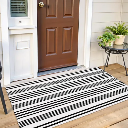 Vista 4 de Alfombra de lana cuadriculada para exteriores de 24 x 35 pulgadas, alfombra de algodón tejida a mano, plegable, lavable, reversible, en capas