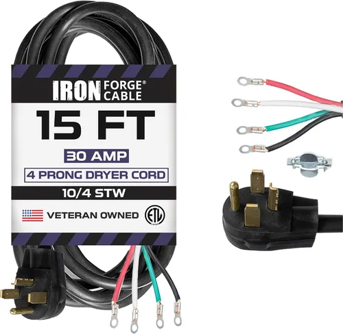 Vista 10 de Iron Forge Cable Cable de secado de 4 clavijas de 4 pies, negro 10/4 NEMA 14-30 enchufe cable de extensión de 30 amperios de 4 pies para secadora