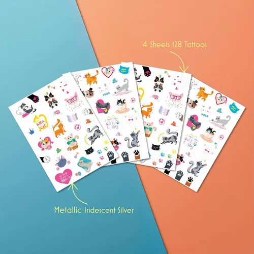 Vista 3 de PapaKit Kitty Cats - Juego de tatuajes falsos temporales, 4 hojas de 64 estilos con lámina iridiscente metálica, recuerdos de fiesta, rellenos