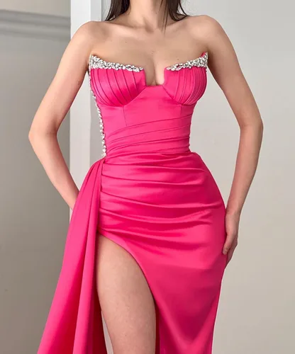 Vista 2 de Vestidos de fiesta de sirena sin tirantes, con cuello en V, vestidos de noche formales con abertura, vestidos de fiesta para mujer 2023