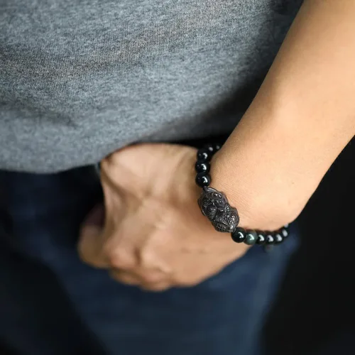 Vista 2 de COAI Pulsera china de piedra de obsidiana Pixiu Fengshui, Piedra, obsidiana
