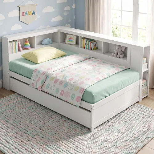 Vista 8 de KOMFOTT Sofá cama doble con nido, cama nido con estantería en forma de L