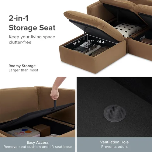 Vista 6 de mopio Sofá modular de gran tamaño con fundas y almacenamiento totalmente extraíbles, secciones convertibles en forma de U y L, moderno sofá de nube