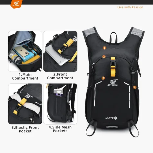 Vista 2 de SKYSPER Mochila de senderismo pequeña – Mochila de viaje de 15 L, ligera, resistente al agua, mochilas de senderismo para mujeres y hombres, Negro