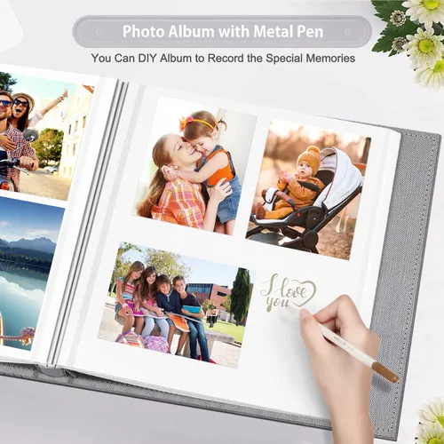 Vista 5 de Fintie Álbum de fotos autoadhesivo para fotos de 3 x 5, 4 x 6, 5 x 7, 6 x 8, 8 x 10, 60 páginas adhesivas con un bolígrafo metálico, libro de Gris