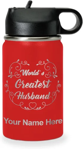 Vista 33 de LaserGram Botella de agua con tapa abatible de doble pared de 12 onzas con pajilla, grabado personalizado incluido (negro)