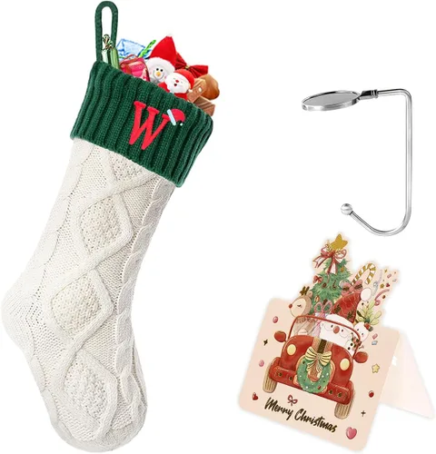 Vista 179 de Calcetines de Navidad con inicial A, 20 pulgadas, con iniciales bordadas para la familia, calcetín navideño tejido personalizado con monograma