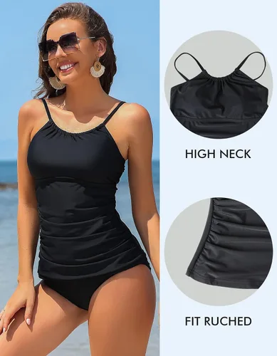 Vista 2 de ANFILIA Tankini para mujer, cuello alto, ajuste delgado, fruncido, solo UPF50+