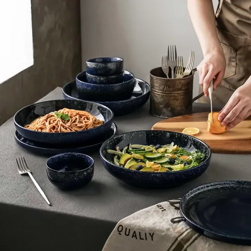 Vista 7 de S&Q'S CERAMICS Juego de 4 tazones grandes para servir, tazones grandes para ensalada de 65 onzas, platos hondos de cerámica anchos y poco profundos