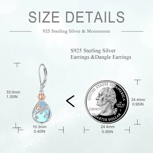 Vista 4 de AOBOCO Aretes de plata de ley 925, diseño de mariposa, libélula, abeja, mariquita, flor de tulipán, flor de loto, filigrana, lágrima, piedra lunar