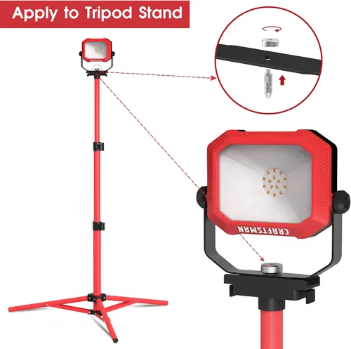 Vista 5 de CRAFTSMAN Luz de trabajo portátil inclinable LED de 1100 lúmenes 4000K en rojo con soporte giratorio de metal ajustable 2 en 1 y asa, lente