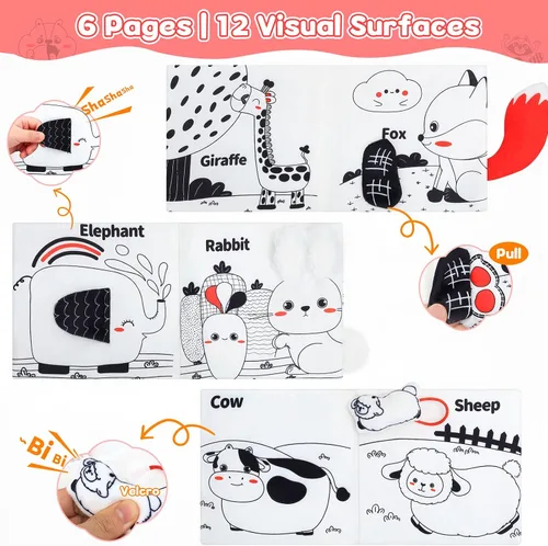 Vista 3 de Juguetes para bebés de alto contraste, libros arrugados Primer animal