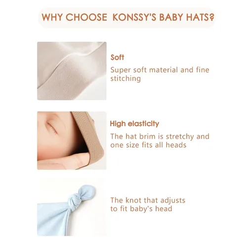 Vista 6 de Konssy Paquete de 8 gorros para bebé recién nacido, gorros suaves para bebés y niñas de 0 a 6 meses