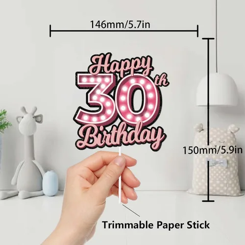 Vista 2 de Decoración para pastel de cumpleaños 30 con purpurina rosa Let's Glow Crazy Party Theme Decor Supplies Men Women Happy Birthday 30 Anniversary Party
