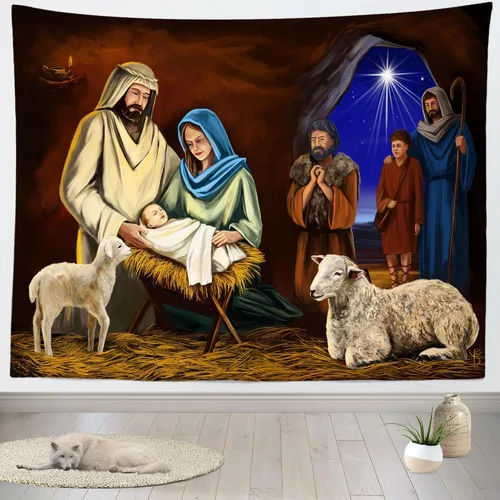 Vista 7 de CORFOTO Tela 60 pulgadas de ancho x 40 pulgadas de alto, tapiz para colgar en la pared, tapiz de pared cristiano de nacimiento de Jesús, pesebre