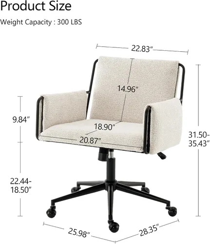 Vista 2 de Rowill Silla de oficina moderna, tela beige Boucle, altura ajustable, capacidad de 300 libras, ruedas, reposabrazos, perfecta para oficina en casa