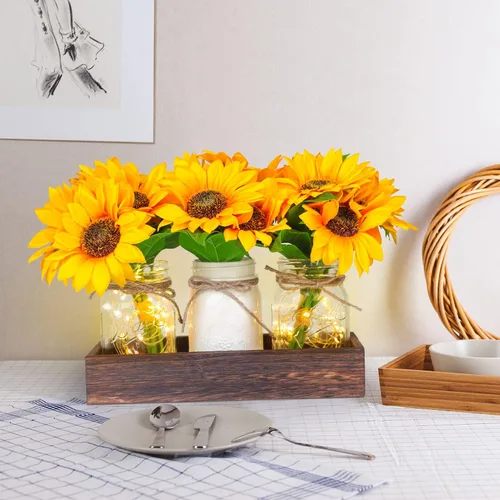 Vista 3 de Fowecelt 3 piezas de girasoles artificiales de cristal, centro de mesa, girasoles falsos, arreglos florales con maceta rectangular de madera